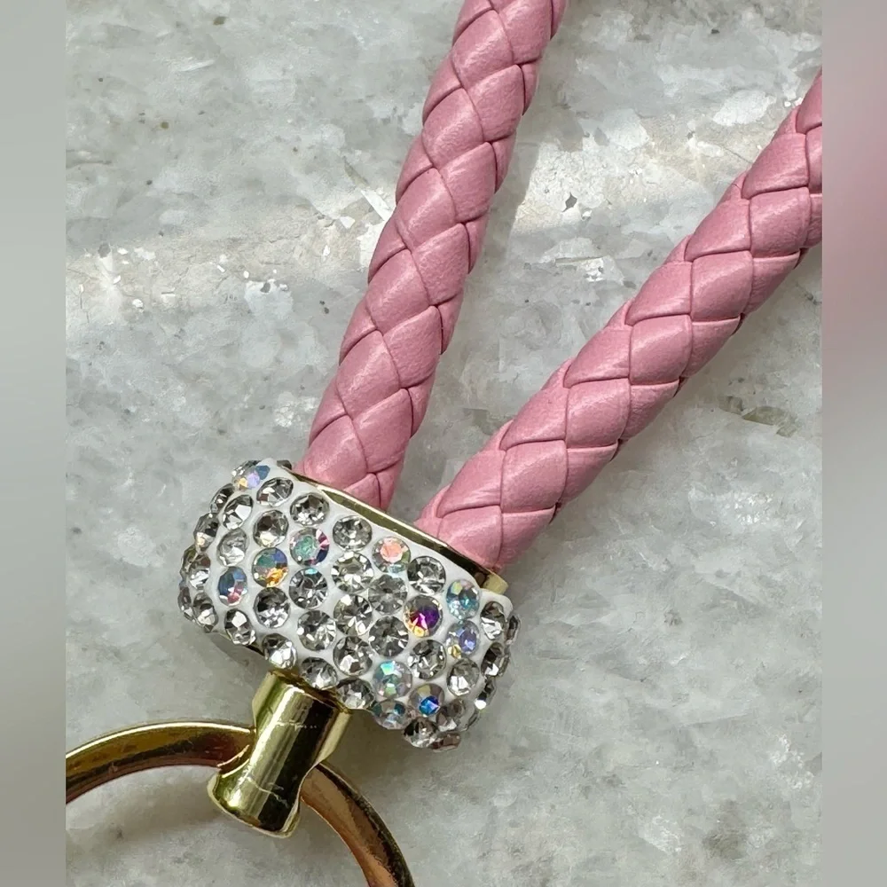 New Pink & Clear Rhinestone French Poodle Dog Gold Tone Purse Charm Keychain